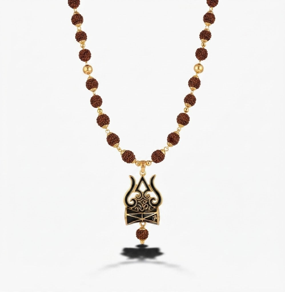Golden Rudraksha Mala with Shiva Trishul Pendant