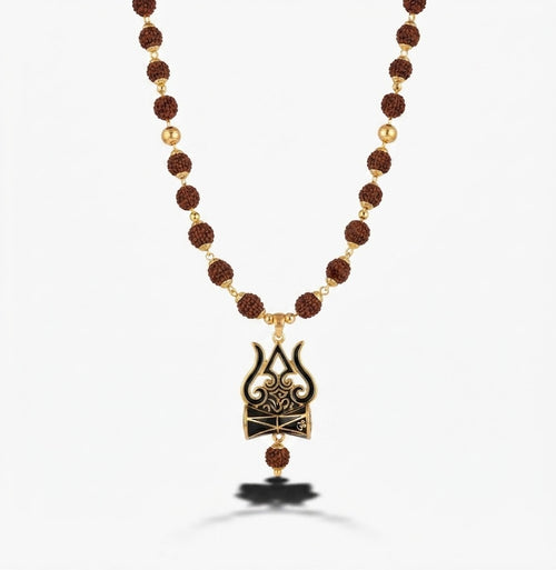 Golden Rudraksha Mala with Shiva Trishul Pendant