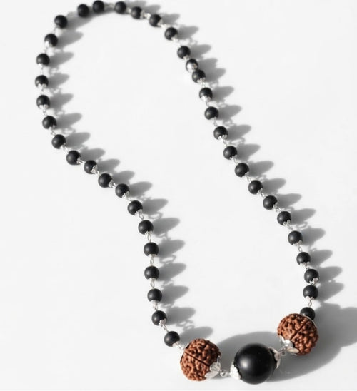 Silver Capped Karungali Mala with 5 Mukhi Rudraksha