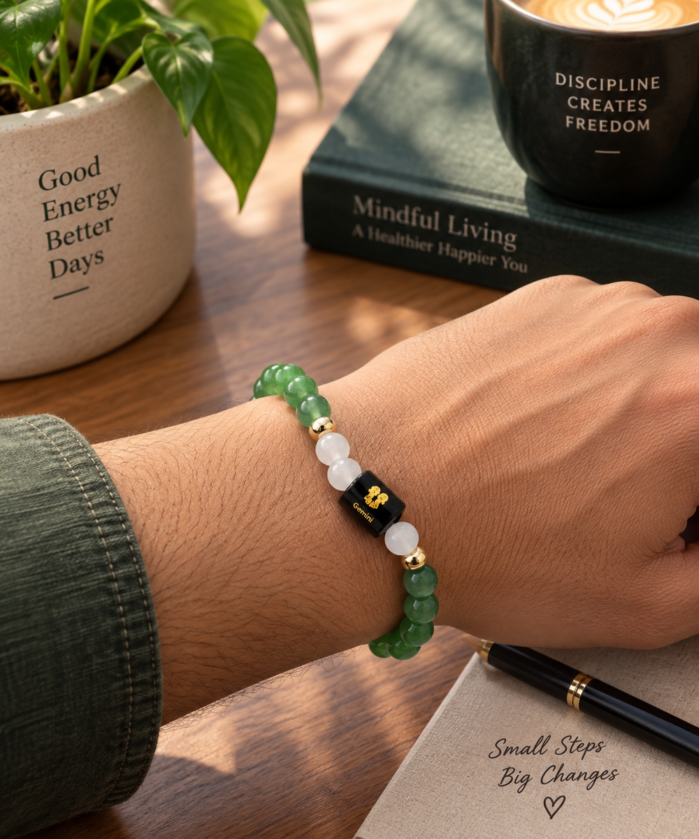 Gemini Zodiac Bracelet - Green Aventurine & Milky Quartz