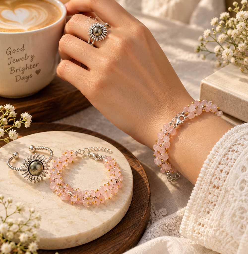 Rose Quartz Chips Bracelet with FREE Pyrite Sun Ring